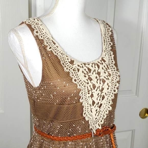 A'reve Striped Sleeveless Maxi Sundress Dress Brown Cream Crocheted Front - Picture 10 of 16